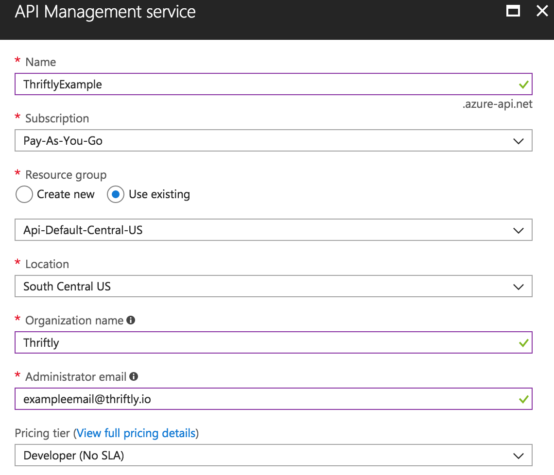 The API Management service form