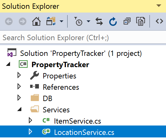 A .NET/C# service within the Solution Explorer sidebar