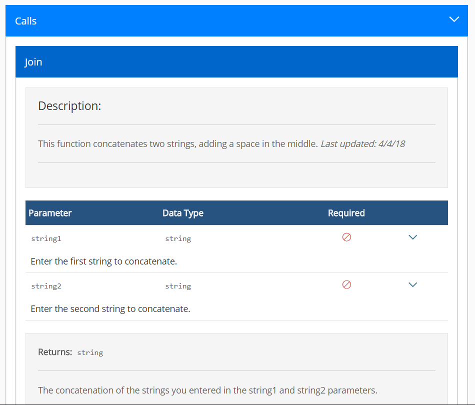 An example of Thriftly API documentation appearing within your service's web page